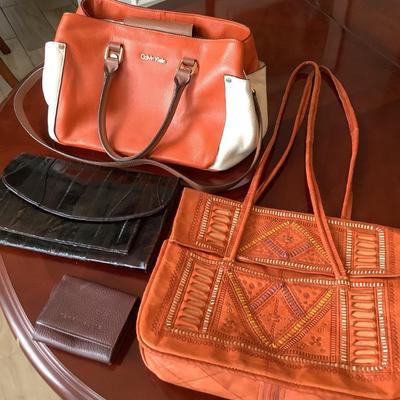 Calvin Klein, black eel, camel bag from Morocco, Perry Ellis wallet