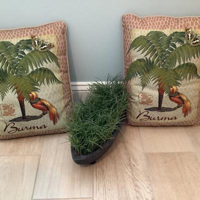2 Burma pillows and faux plant