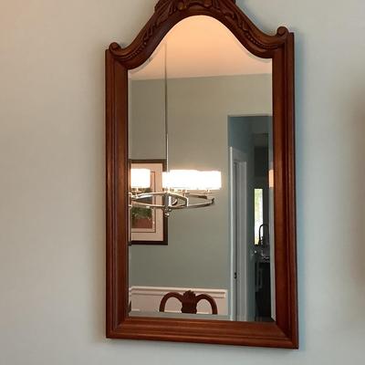 Wooden framed mirror, beveled glass 43â€H 22â€W