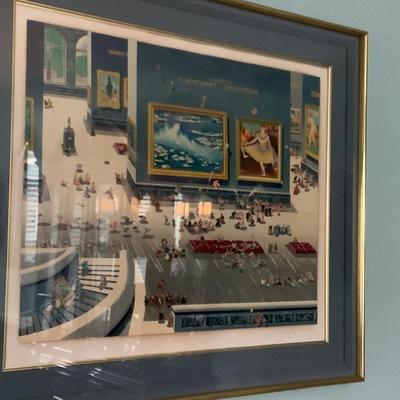 Hiro Yamagata â€œMuseumâ€ serigraph linen matting, gold trim, gold frame 38â€W, 33â€H