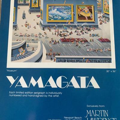 Hiro Yamagata â€œMuseumâ€ serigraph linen matting, gold trim, gold frame 38â€W, 33â€H