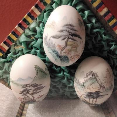 Vintage Chinese Hand Painted Egg Shell in Glass Display Case