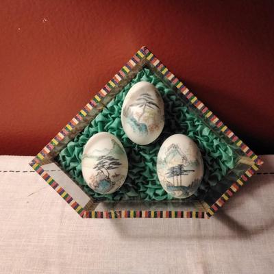 Vintage Chinese Hand Painted Egg Shell in Glass Display Case