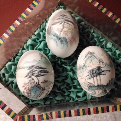 Vintage Chinese Hand Painted Egg Shell in Glass Display Case