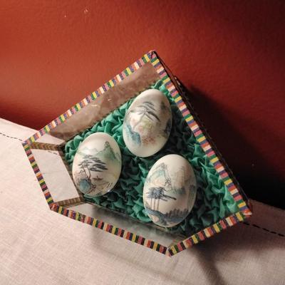Vintage Chinese Hand Painted Egg Shell in Glass Display Case