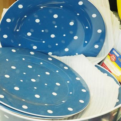 Lot 133  Picnic stack blue and white polka dot. Pansy card box, Cat pictures