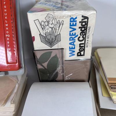 Vintage pads, address books, pen caddy