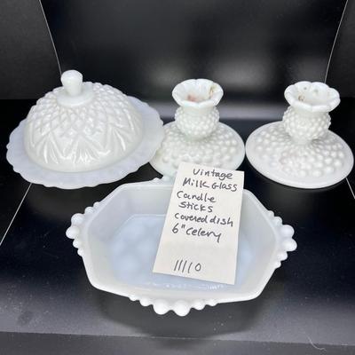 Vintage White Milk glass 2 Hobnail candle holders covered round plate celery plate