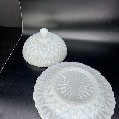 Vintage White Milk glass 2 Hobnail candle holders covered round plate celery plate