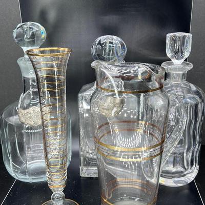Vintage 3 Crystal Bottle Decanters stoppers Barware Bohemian gold stripe glass