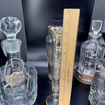Vintage 3 Crystal Bottle Decanters stoppers Barware Bohemian gold stripe glass