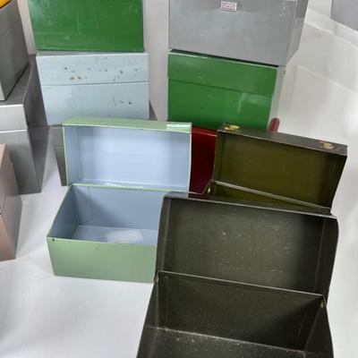 Vintage Lot of 14 empty Metal Plastic Index Card File Boxes Recipes sorter color