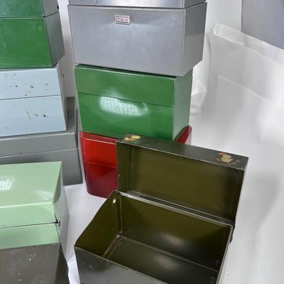 Vintage Lot of 14 empty Metal Plastic Index Card File Boxes Recipes sorter color