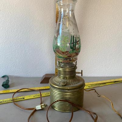 Electrified, hurricane lamp, with hand-painted hurricane chimney