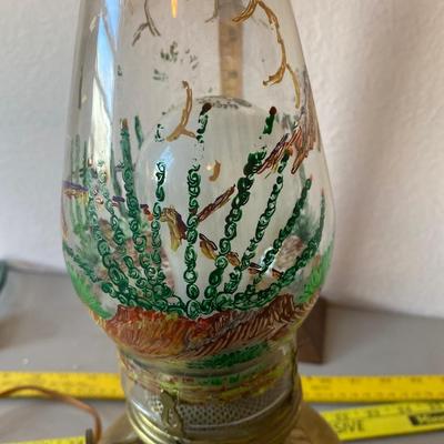 Electrified, hurricane lamp, with hand-painted hurricane chimney