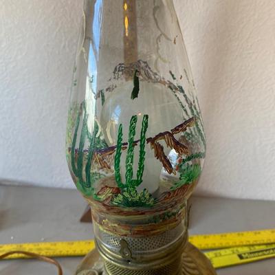 Electrified, hurricane lamp, with hand-painted hurricane chimney