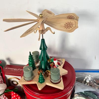 8633 Christmas Theme Lot of Stuffed Toys, 2 Shirts, Napkin Rings, Carols of Christmas II Clock, Red Tin Bucket, & more
