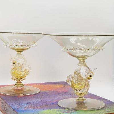 Vintage Salviati Murano Pair of Venetian Art Glass Swan Stem Hand Blown Compotes