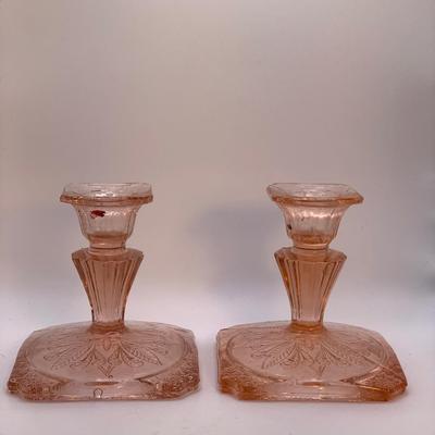 Vintage Pair of Pink Depression Glass Candle Stick Holders