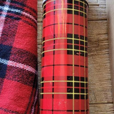 40: Vintage Red & Black Plaid Wool Blanket & Thermos