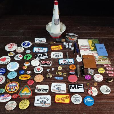 65: Large Mixed Lot- Buttons/Pins. Leader Box, Small Tools, Patches, Horn Mute ect