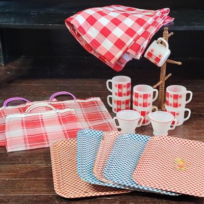 71: Vintage Red & White Checkered Coffee Cups, Tablecloth, Bags & Trays