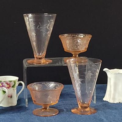 74: Vintage Pink Depression Glass & Porcelain Creamer and Handpainted Teapot, Saucers & Cups
