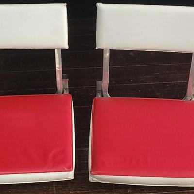 77: Vintage Red & White Stadium Seats, Tablecloth, Flashlight & Water Jug