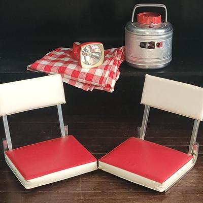 77: Vintage Red & White Stadium Seats, Tablecloth, Flashlight & Water Jug