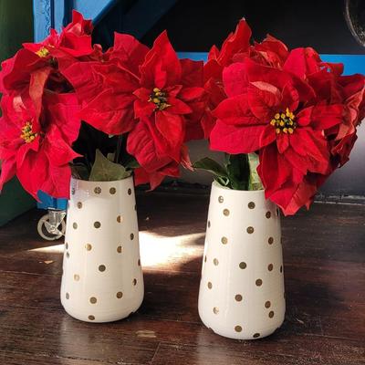 113: (2) White with Gold Spots Vases with Faux Poinsettia