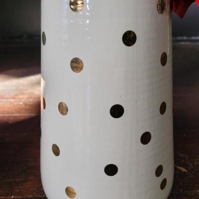 113: (2) White with Gold Spots Vases with Faux Poinsettia
