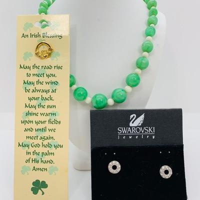 LOT 56: Swarovski Pierced Earrings, Faux Jade Necklace, Green Leaf Pin, & Irish Blessing