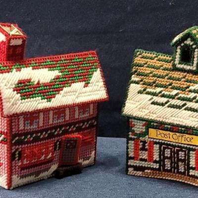 140: Green & White Afghan, Handmade Christmas Houses &  (4) Vintage Crocheted Christmas Trees
