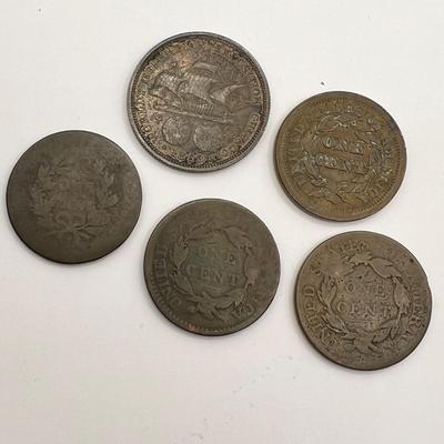 8763 Antique Coins 1816, 1818 Coronet Head Large Cent, 1893 Columbian Exposition Half Dollar & more