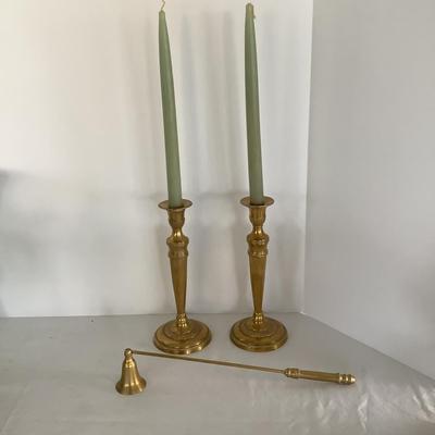 Lot 8644 Pair of Polished Brass Candlesticks & Polished Brass Articulated Candle Snuffer with round Handle