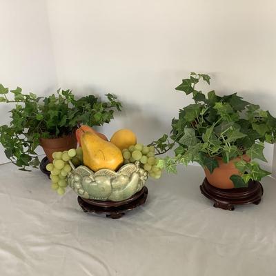 Lot.  8594  Celadon Bowl with Faux Fruit & Two Faux Ivy Plants