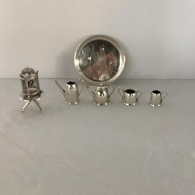 Lot 9001. Miniature Sterling Silver Tea Set & Birdcage