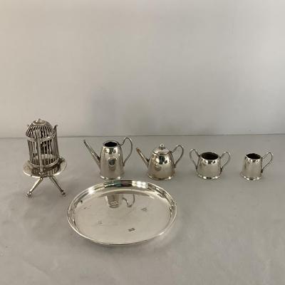 Lot 9001. Miniature Sterling Silver Tea Set & Birdcage