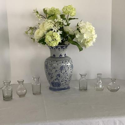 Lot 9004  Faux Floral Arrangement in Blue/White Porcelain Vase, Mini Bud Vases, Blue/White Waste Can
