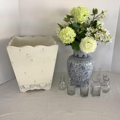 Lot 9004  Faux Floral Arrangement in Blue/White Porcelain Vase, Mini Bud Vases, Blue/White Waste Can
