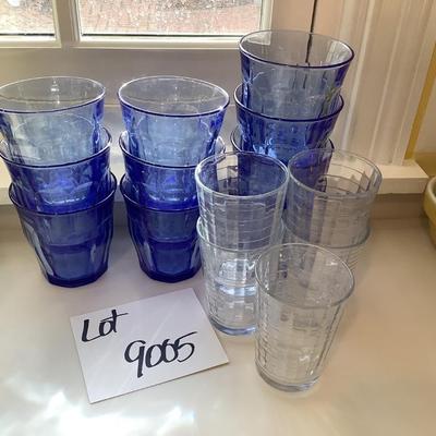 Lot 9005. Blue Glass Juice Glasses & Clear Juice Glasses & Clear Glass Bowl