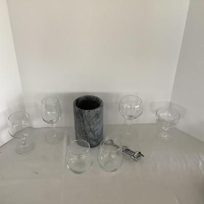 Lot 9006 Gray Marble Wine Bottle Chiller / Variety Wine Glasses 7 Corkscrew