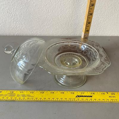 Vintage etched clear, glass candy dish