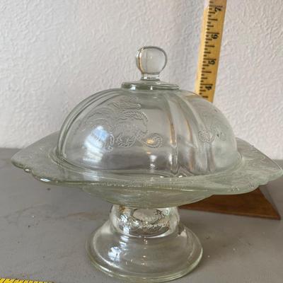 Vintage etched clear, glass candy dish
