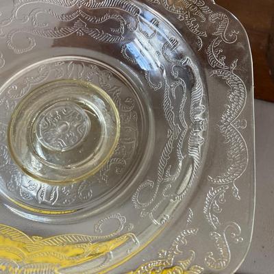 Vintage etched clear, glass candy dish
