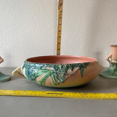Roseville, serving bowl with two candleholders