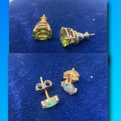 Pair of Peridot and pair of Opal 14K Gold Post Earrings