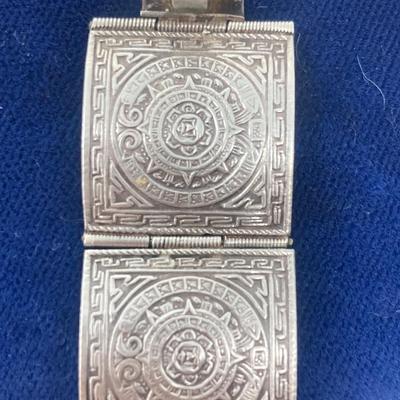 Sterling Silver Aztec Calendar, hinged bracelet. 26.78 grams.