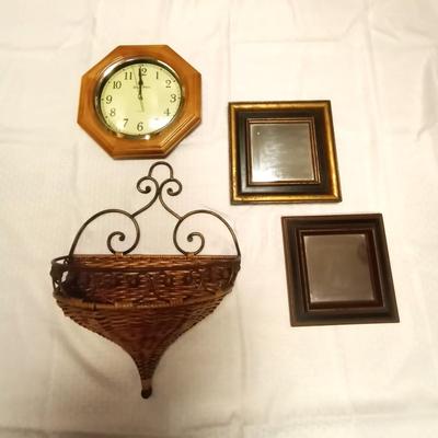 WALL HANGING CLOCK-MIRRORS AND METAL & WICKER BASKET