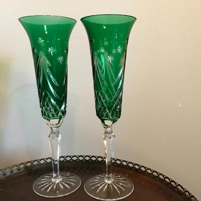 Pair of emerald Waterford Happy Holidays Christmas Clarendon champagne flutes
